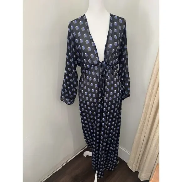 Evarae Silk Sheer Geometric Print Swim Cover up Dress Duster Kimonno Size small - Picture 10 of 11